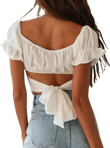 Miniatura 2 de LYANER - Blusa ombliguera para mujer de manga corta con volantes nudo en la espalda y hombros descubiertos blusa estilo Bardot