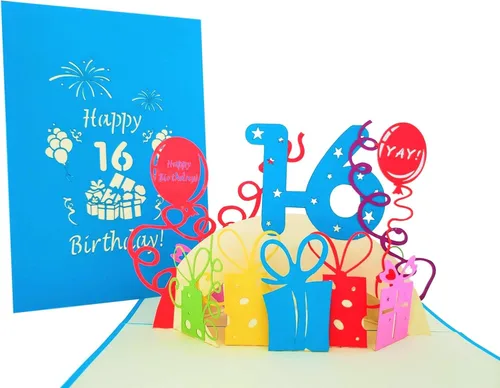 iGifts And Cards Tarjeta desplegable 3D de cumpleaños de 16 años, regalos coloridos y escena de celebración de globos, divertido saludo para
