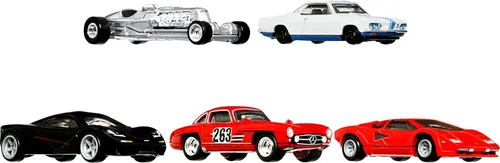 Hot Wheels Set de contenedores del garaje de Jay Leno, 5 coches premium a escala 1:64 en contenedor coleccionable, Metal/Metal y Realriders, regalo