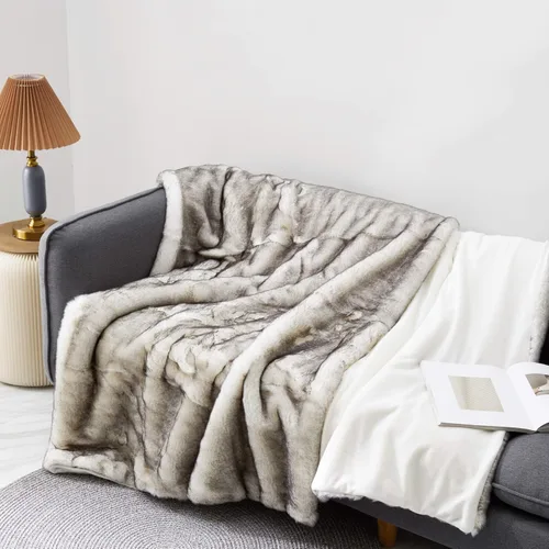 Miniatura 11 de Eikei Manta de lujo de piel sintética súper suave, de gran tamaño, gruesa, cálida, afgana, reversible a terciopelo de felpa en lobo gris tostado