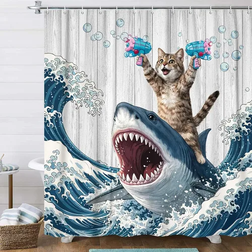 Miniatura 15 de Divertida cortina de ducha con diseño de gato con gorila en la selva, decoración de baño de animales humorísticos en blanco y negro, juego
