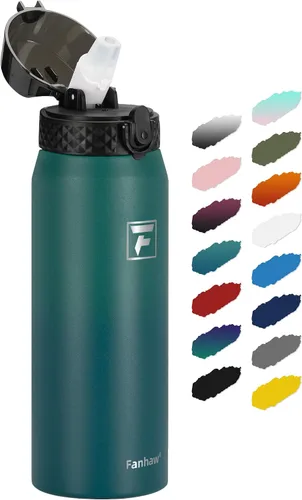 Miniatura 36 de Fanhaw Botella de agua de acero inoxidable aislada para niños de 20 onzas con tapa con popote, a prueba de fugas y antipolvo, botella de uso diario