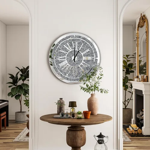 Miniatura 2 de SHYFOY Reloj de pared de diamante triturado, reloj de pared redondo de lujo de 24 pulgadas con cristal de espejo, números romanos elegantes