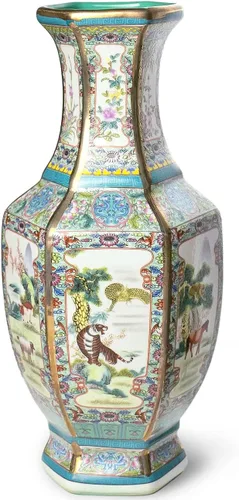 Miniatura 14 de Dahlia Famille - Florero de rosa, hecho a mano, porcelana china, pájaros en peonía, forma de botella china de 8.5 pulgadas