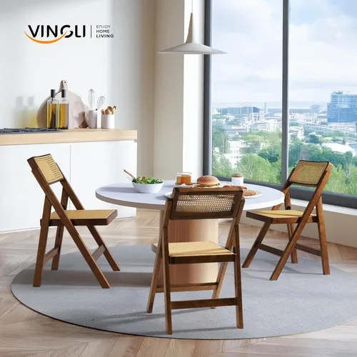 Miniatura 2 de VINGLI Silla de comedor de ratán, silla plegable de madera con respaldo giratorio de 360°, marco de madera de caucho y asiento y respaldo tejidos