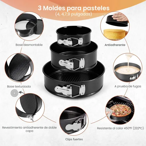 Miniatura 4 de RFAQK Juego de 100 moldes para pasteles para hornear + suministros de decoración de pasteles: 3 moldes antiadherentes (4, 7, 9 pulgadas), puntas