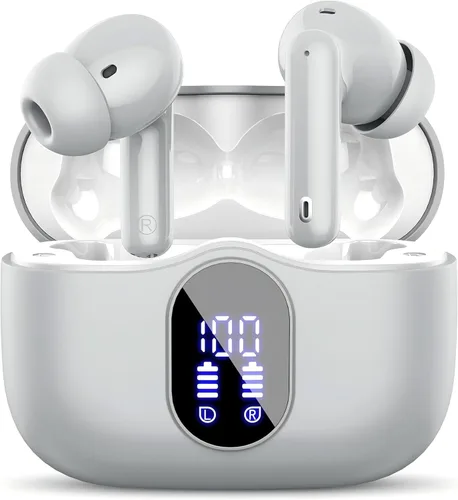 Miniatura 13 de Auriculares inalámbricos, Bluetooth 5.4, auriculares estéreo con graves y micrófono con cancelación de ruido, pantalla LED en el oído, llamadas Oro