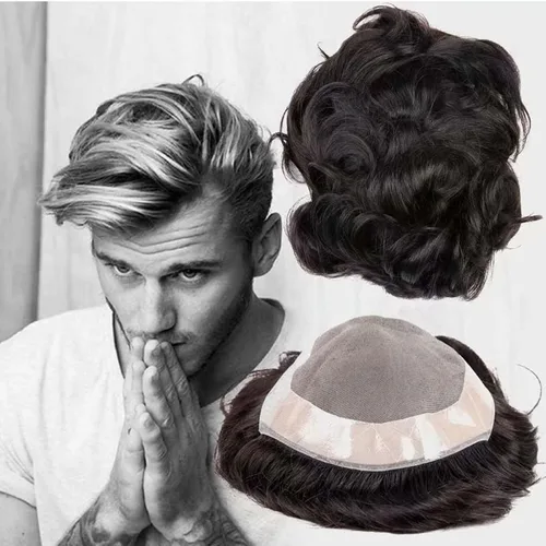 Tupé de cabello humano para hombres con base de encaje francés y cabello ondulado natural virgen negro para hombre, peluca de pelo tipo tupé (2# 2#