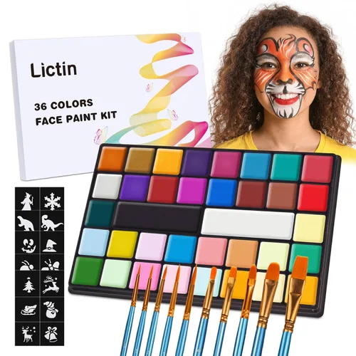 Lictin Pintura Facial a Base de Agua - Kit Profesional de Pintura Facial de 36 Colores (20 Colores Clásicos+8 Colores Metálicos+8 Colores UV