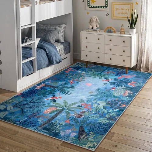Miniatura 3 de LIVEBOX Alfombra lavable con estampado de animales de la jungla de 5 x 7 pies en azul para sala de estar, alfombras antideslizantes para dormitorio