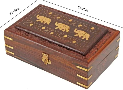 Miniatura 8 de Ajuny Joyero de madera de 8 x 5 Diseño de elefante hecho a mano con incrustaciones de latón, organizador de recuerdos y baratijas decorativo