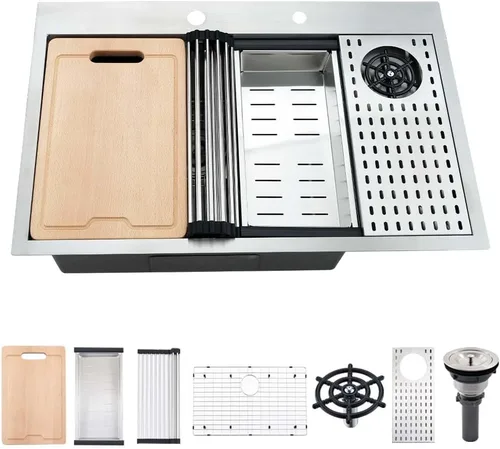 Miniatura 13 de Fregadero de cocina de acero inoxidable de 25 x 20 x 10 pulgadas, con caída en la parte superior, calibre 16, cuenco individual profundo, fregadero