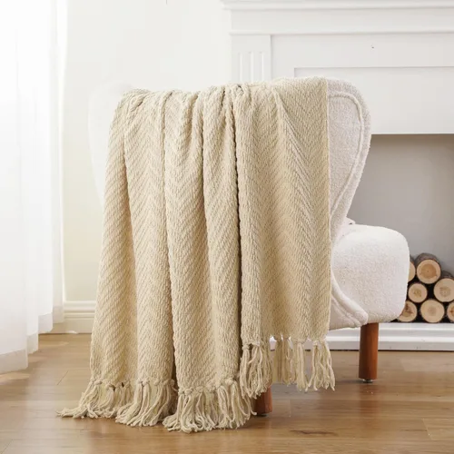 Miniatura 6 de BATTILO HOME Manta beige para sofá, cobija tejida beige para la cama, mantas neutras para decoración de la habitación, regalos para casa nueva, 50 x