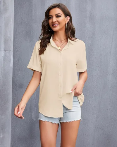 Miniatura 3 de YAMANMAN Women's Button Down Shirt Work Short Sleeve Collared Blouse Classic Loose Tops Office Chiffon Blouse