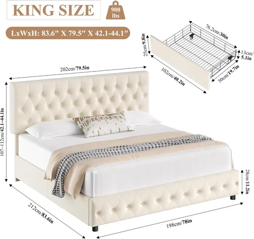 Miniatura 2 de Keyluv - Marco de cama tapizado moderno con 4 cajones de almacenamiento, diseño de cabecera con botones, soporte de listones de madera maciza, fácil