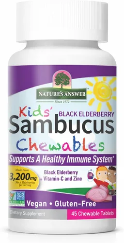 Nature's Answer Kids Sambucus Chewables 3200 mg, 45 tabletas – Baya de saúco negro con vitamina C y zinc – Gran sabor de apoyo para el sistema