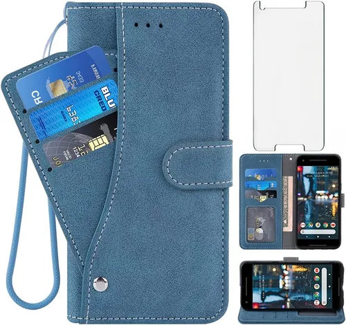 Asuwish Compatible con Google Pixel 2 - Funda tipo cartera y protector de pantalla de vidrio templado, soporte para tarjetas de crédito, a prueba de