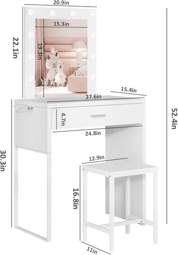 Miniatura 6 de Titoni Pequeño tocador de maquillaje con espejo y luces, escritorio blanco con silla, brillo ajustable, juego de mesa de maquillaje para dormitorio