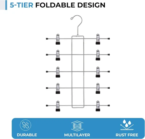 Miniatura 6 de Perchas para pantalones y faldas que ahorran espacio, resistentes de 5 niveles, paquete de 3 perchas de metal, perchas de acero inoxidable con clips