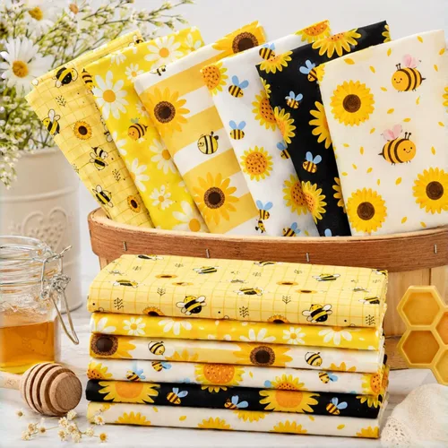 Miniatura 3 de SZRUIZFZ Bee Fat Quarters, paquetes de tela 100% algodón de 18 x 22 pulgadas, impresiones de panal de margaritas de girasol para acolchar, costura