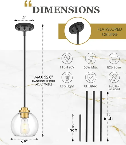 Miniatura 2 de Luces Colgantes para Isla de Cocina, 7" Luminarias Colgantes Negras y Doradas con Pantalla de Globo de Vidrio Transparente, Iluminación Moderna