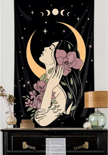 Miniatura 3 de Riyidecor Tapiz vertical de mujer misteriosa de fase lunar, bohemio, pequeño, gótico, para colgar en la pared, plantas florales, hojas estrelladas