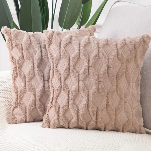 Miniatura 7 de MADIZZ Juego de 2 fundas de almohada decorativas de terciopelo de lana corta de poliéster suave de 22 x 22 pulgadas, fundas de cojín cuadradas beige