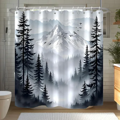 Miniatura 9 de Cortina de Ducha Azul Bosque de Pino Montaña Aves Paisaje Nebuloso Cortina de Ducha Impermeable de Tela para Decoración de Baño 60x72 Pulgadas