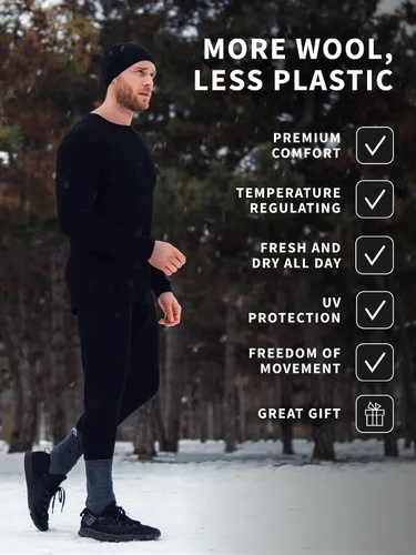 Miniatura 5 de Pantalones de capa base de lana merina para hombre, 100% lana merina, ligeros, ropa interior térmica de peso medio, pantalones largos + calcetines