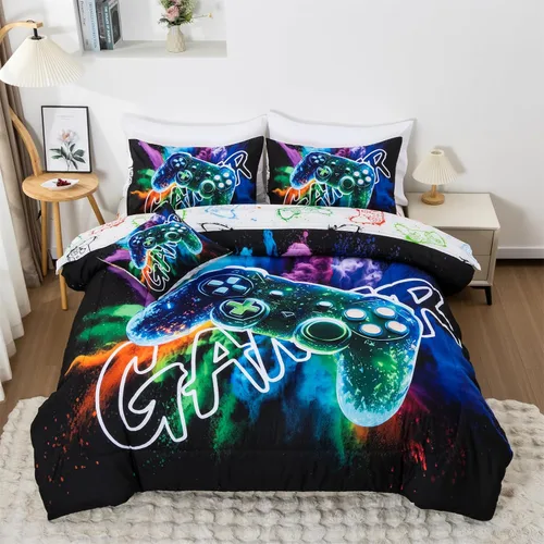 Miniatura 15 de Aimuan - Juego de ropa de cama para jugadores, conjuntos de edredón 3D con mando de juego para niños, botones de acción, controlador de juego Negro