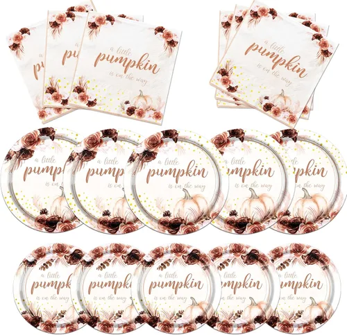 Decoraciones de baby shower de calabaza pequeña, decoraciones de vajilla de otoño para baby shower, incluye platos de calabaza pequeña, servilletas,