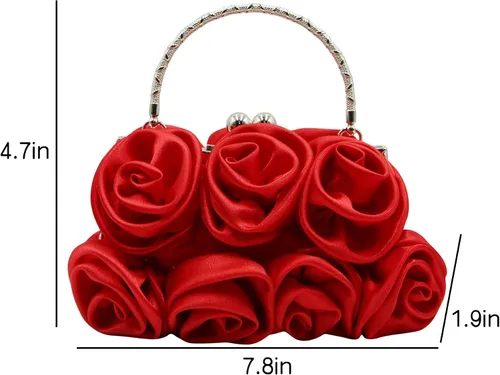 Miniatura 5 de RARITYUS Bolso de noche para mujer con forma de rosa de satén sedoso con elegante asa de metal para fiesta, boda