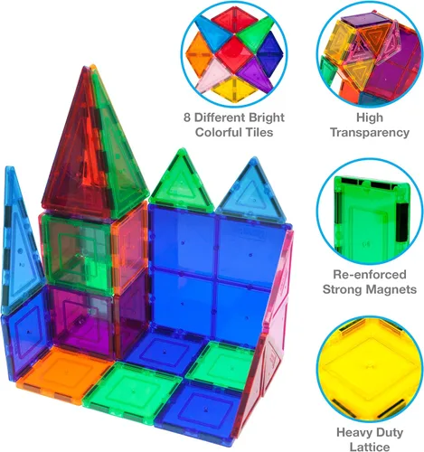 Miniatura 6 de PicassoTiles Magnet Tiles 42 piezas + 100 piezas de azulejos + 4 figuras de acción familiar, aprendizaje STEM de ingeniería magnética, bloques