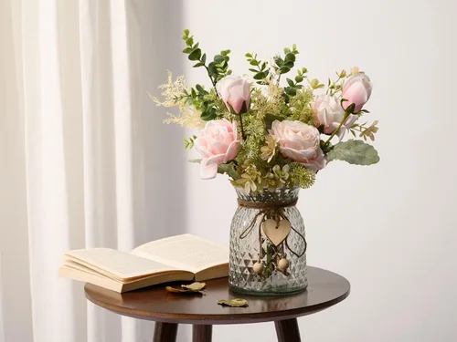 Miniatura 2 de YJ Flores falsas con jarrón, flores artificiales de seda ramo de flores en jarrón, arreglos florales sintéticos, decoración de mesa de granja, Rosa
