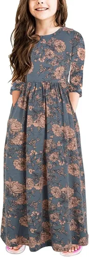 Miniatura 16 de 21KIDS Vestido largo floral de manga larga 3/4 con bolsillos para niñas de 6 a 12 años