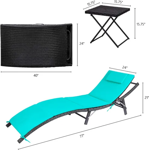 Miniatura 8 de Devoko Juego de tumbonas para patio al aire libre de ratán con respaldo ajustable, 3 piezas acolchadas para patio plegable con mesa plegable (azul)