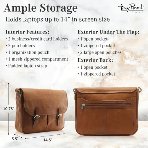 Miniatura 2 de Tony Perotti Lorenzo - Bolsa de cuero italiano para laptop de 14.5 pulgadas para hombre, maletín de cuero para computadora, bolsa de mensajero