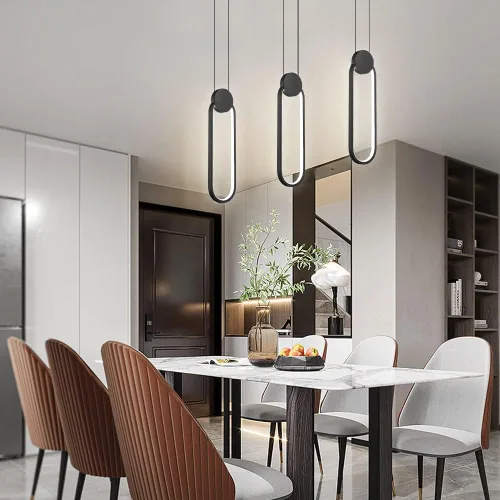 Miniatura 5 de Lámparas colgantes LED negras modernas, paquete de 2 unidades, diseño minimalista, iluminación colgante ovalada para isla de cocina, luz colgante