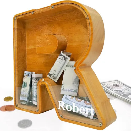 Miniatura 80 de Alcancía para niños y niñas, alcancía grande de madera personalizada con diseño recortado, bancos de monedas con letras del alfabeto, caja de ahorro