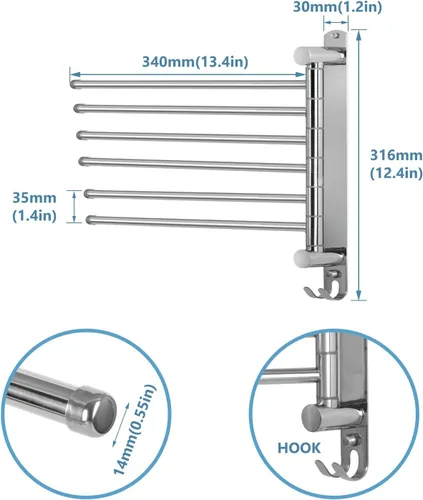 Miniatura 2 de Toallero de baño JSVER montado en la pared, soporte para toallas de baño que ahorra espacio, barra de toalla giratoria de acero inoxidable SUS304