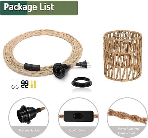 Miniatura 4 de Lámpara Colgante Bohemia con Enchufe, Luz Colgante with Cable con Enchufe, Lámpara de Techo con Pantalla Cilíndrica de Ratán e Interruptor