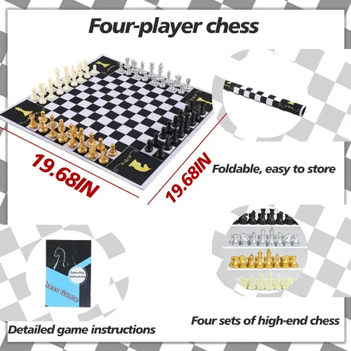 Miniatura 5 de Jyquorp Juego de mesa de ajedrez para 4 jugadores, juego de ajedrez para cuatro personas, juego de ajedrez único de equipo, material de alfombrilla