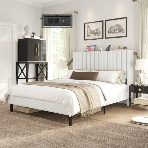 Miniatura 11 de VanAcc Base de cama tamaño Queen, plataforma tapizada de terciopelo con cabecera capitoné de canal, base de colchón con listones de madera,