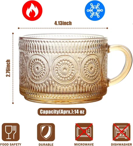 Miniatura 2 de WHJY Tazas de café de vidrio vintage con cuchara, juego de 2 tazas de café de vidrio acanalado expreso, tazas de té en relieve, tazas de té