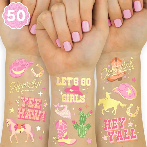 xo, Fetti Tatuajes temporales de vaquera – 50 estilos de lámina dorada | Decoraciones de fiesta de cumpleaños, accesorio de vaquera Giddy Up,