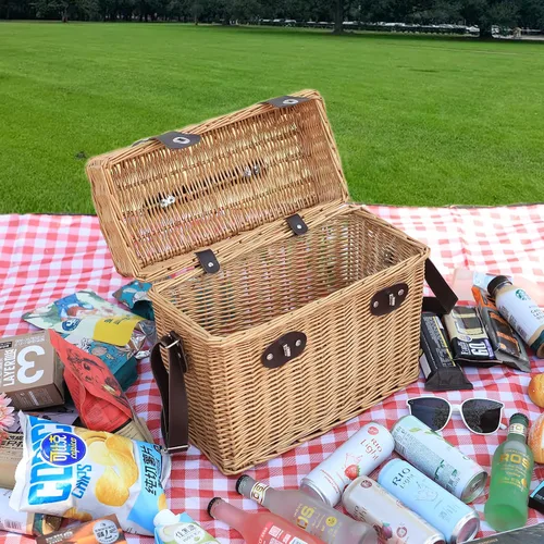 Miniatura 5 de Cesta de picnic de mimbre, cesta de almacenamiento rectangular con correa de transporte para camping, viajes, fiesta