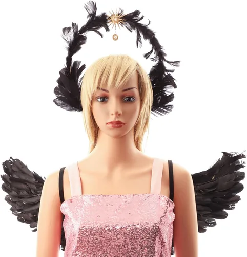 Miniatura 2 de YOOJIA Halloween Angel Devil Feather Wings with Headband Fluffy Hair Hoop Costume Accessories for Christmas Dress Up Party