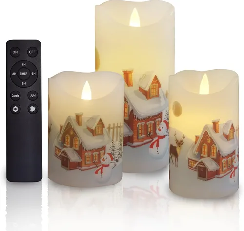Miniatura 6 de CANDLE CHOICE Velas de Navidad sin llama con temporizador remoto, cera real, parpadeante, pilares LED con grabado deprimido, reno, Papá Noel, Blanco