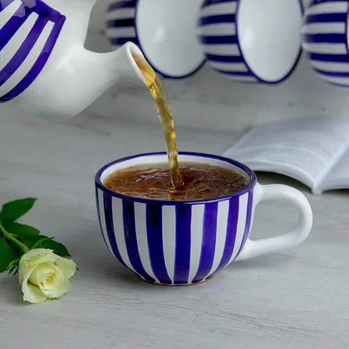 Miniatura 4 de City to Cottage Taza de cerámica hecha a mano, diseño de rayas azul marino, extra grande de 17.5 onzas, capuchino de cerámica, café, té, taza