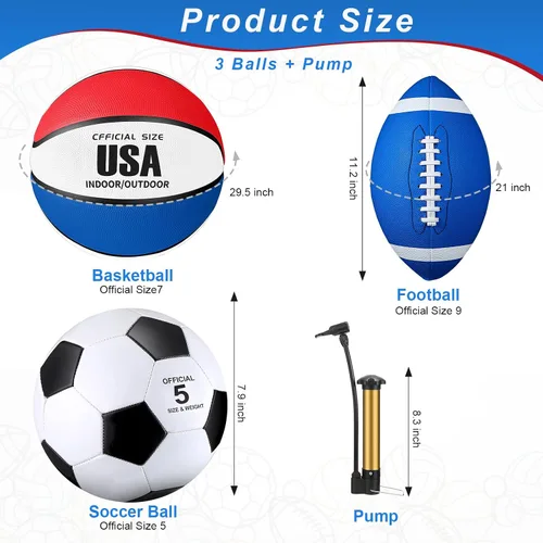 Miniatura 2 de Sratte Juego de 3 pelotas deportivas para adolescentes y adultos, incluyendo tamaño oficial, fútbol, baloncesto, fútbol con bomba y bolsa